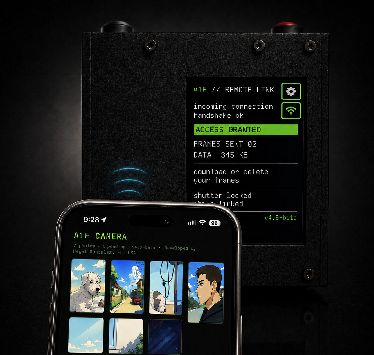 Tapping a smartphone on the A1F Camera to download photos over NFC