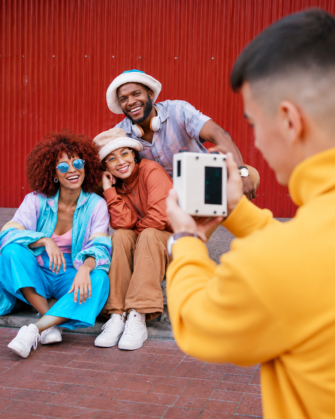 Grupo de amigos usando la A1F Camera para tomarse una foto