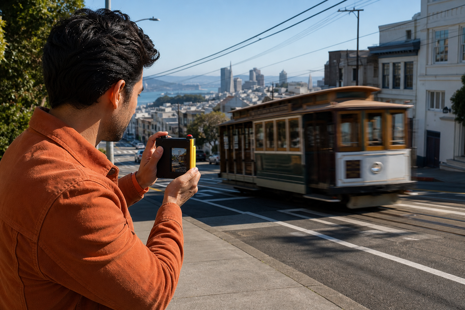 Persona usando la A1F Camera frente a un cable car en San Francisco