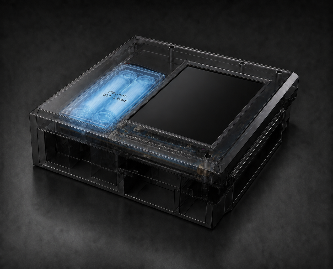 Case transparente de la A1F Camera mostrando batería y placa a la vista