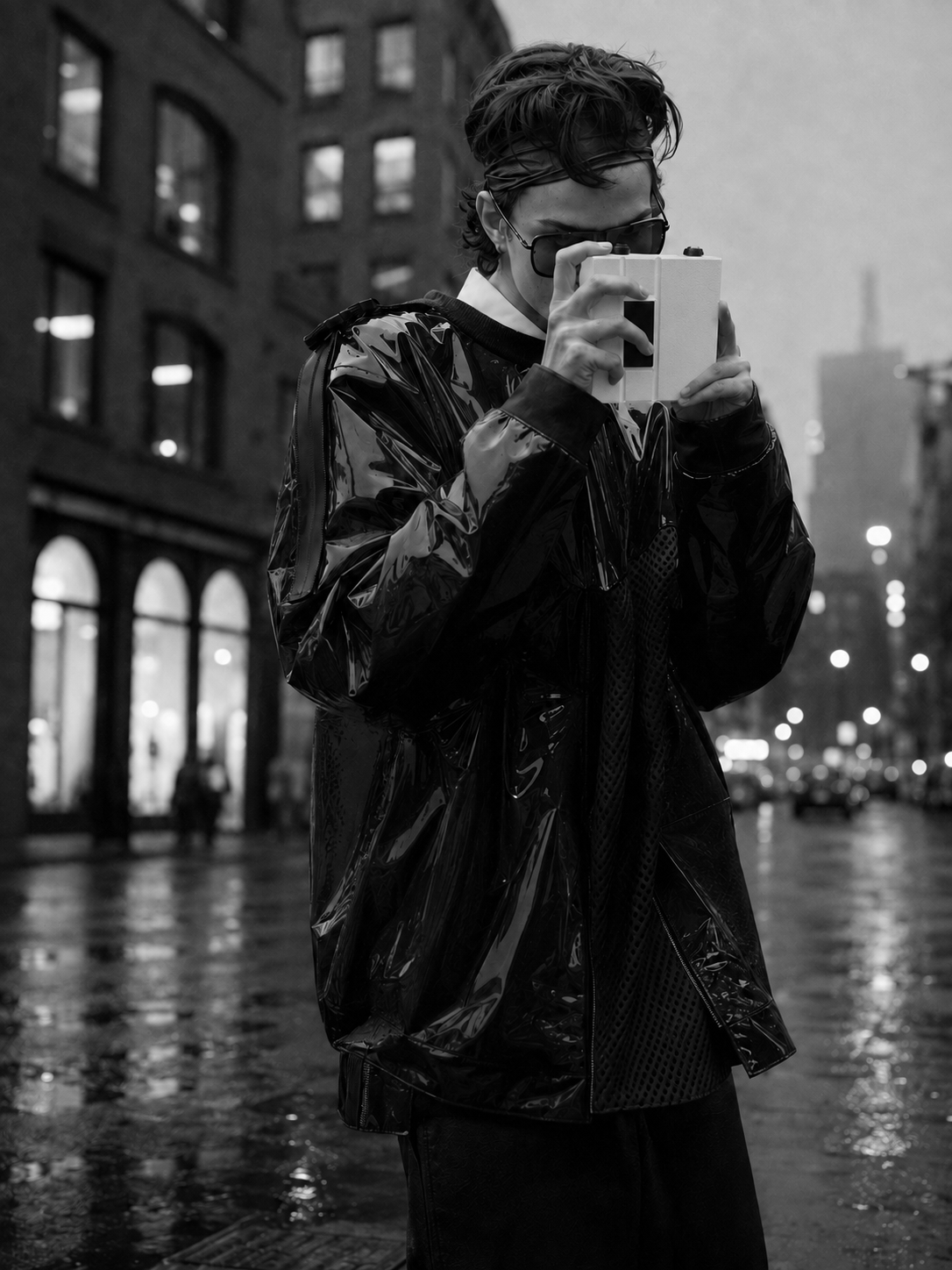 Persona usando la A1F Camera en una calle de la ciudad, en blanco y negro