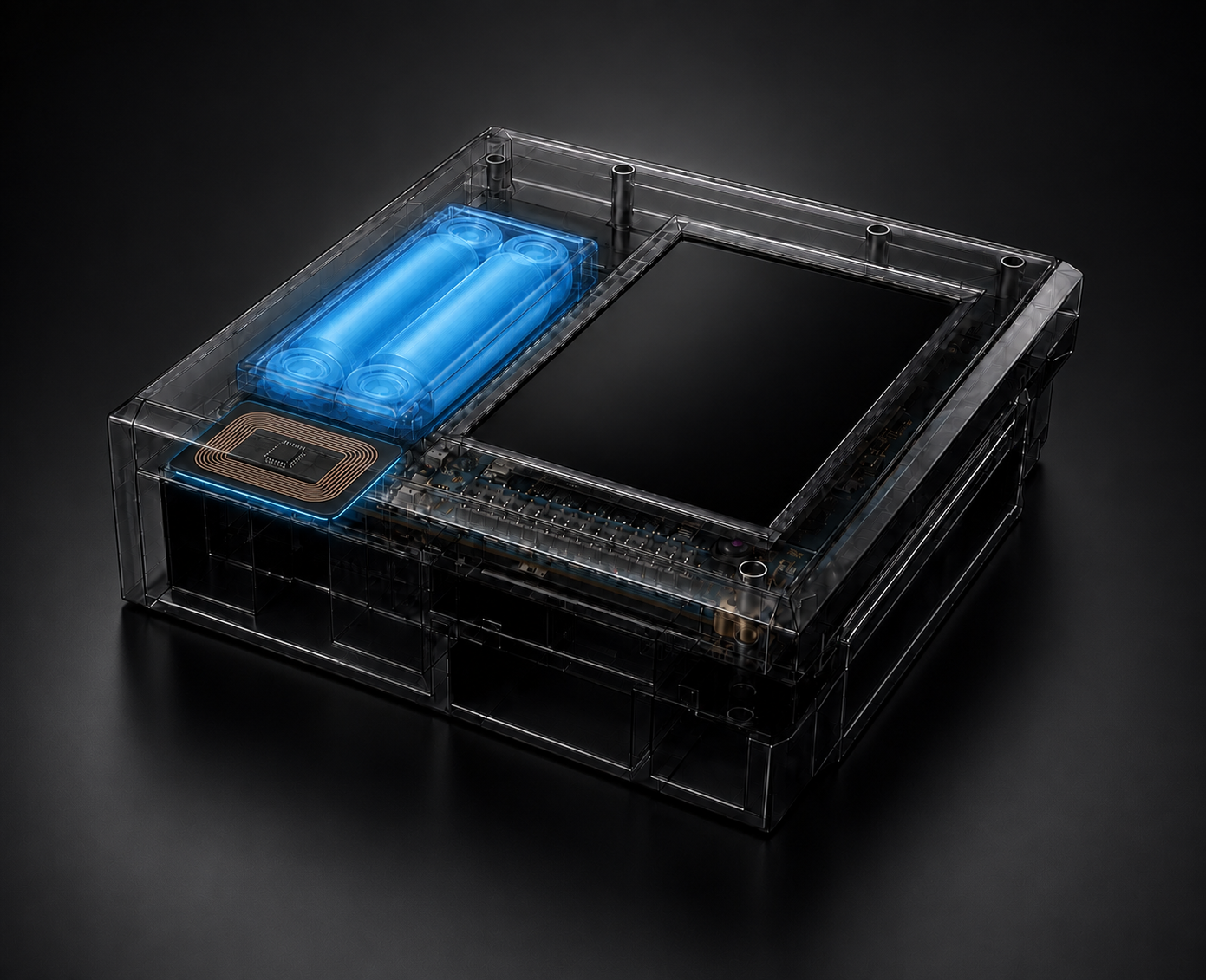 Transparent case of the A1F Camera showing the battery and board